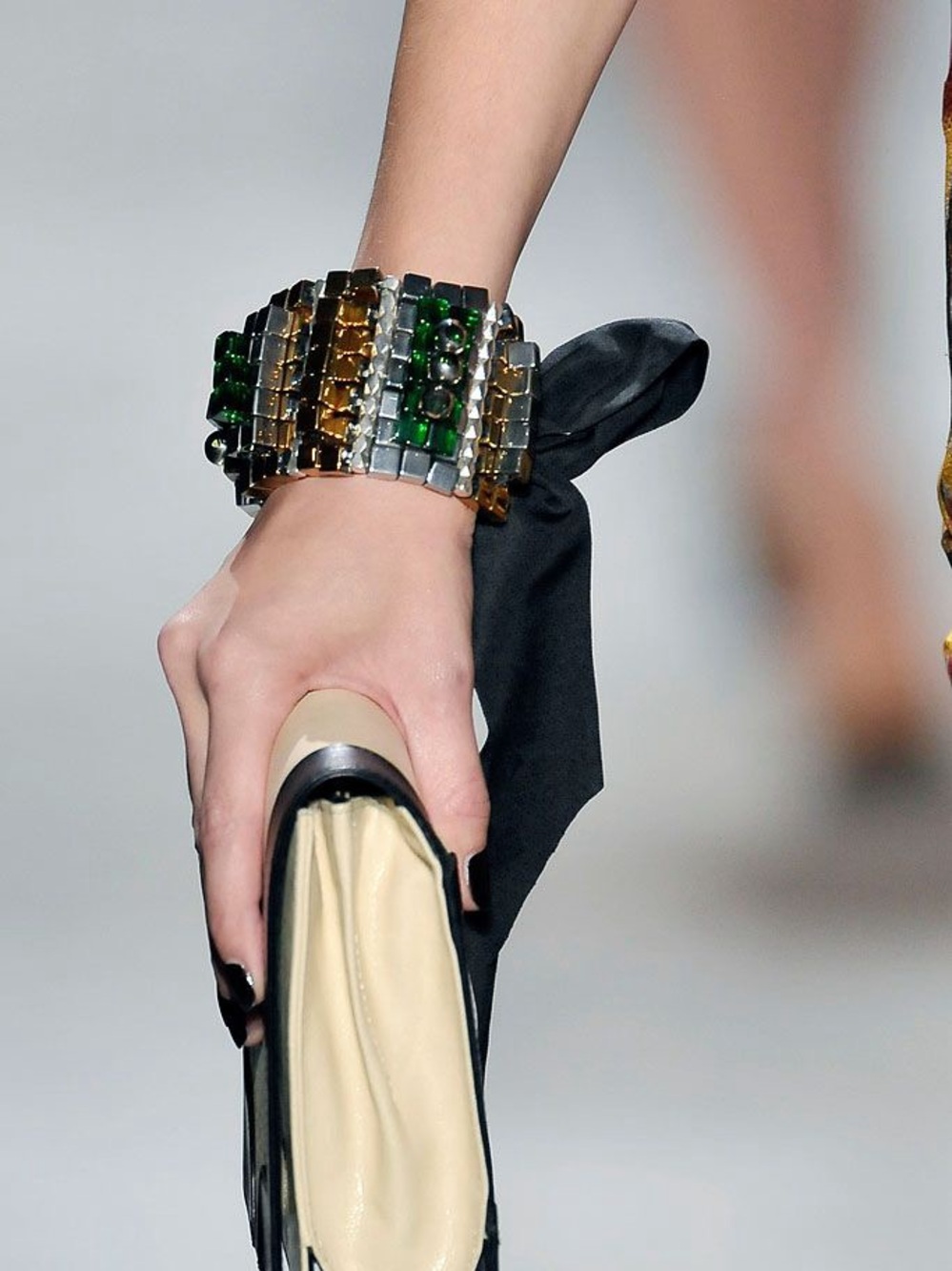 Dries Van Noten Runway Emerald / Gold / Silver Beaded Black Ribbon Bracelet